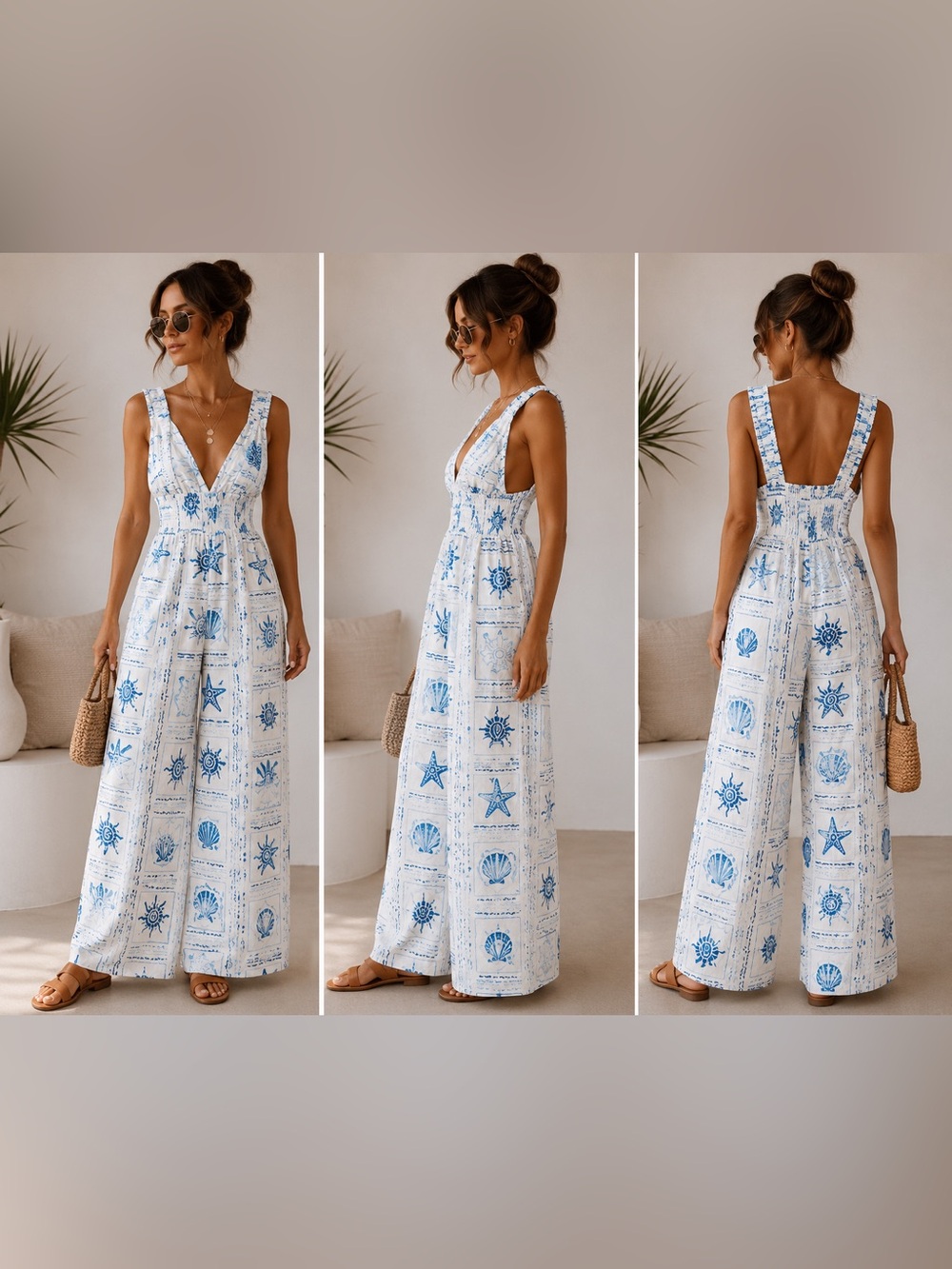 Ocean Drive Boho Beach Wide Leg Jumpsuit White Blue Print